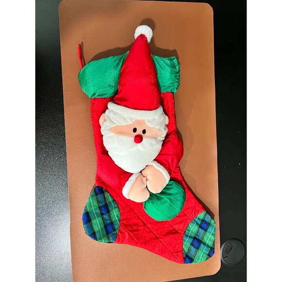 Vintage Santa Claus Christmas Stocking Red Green Plaid Holiday Decor - Picture 1 of 3